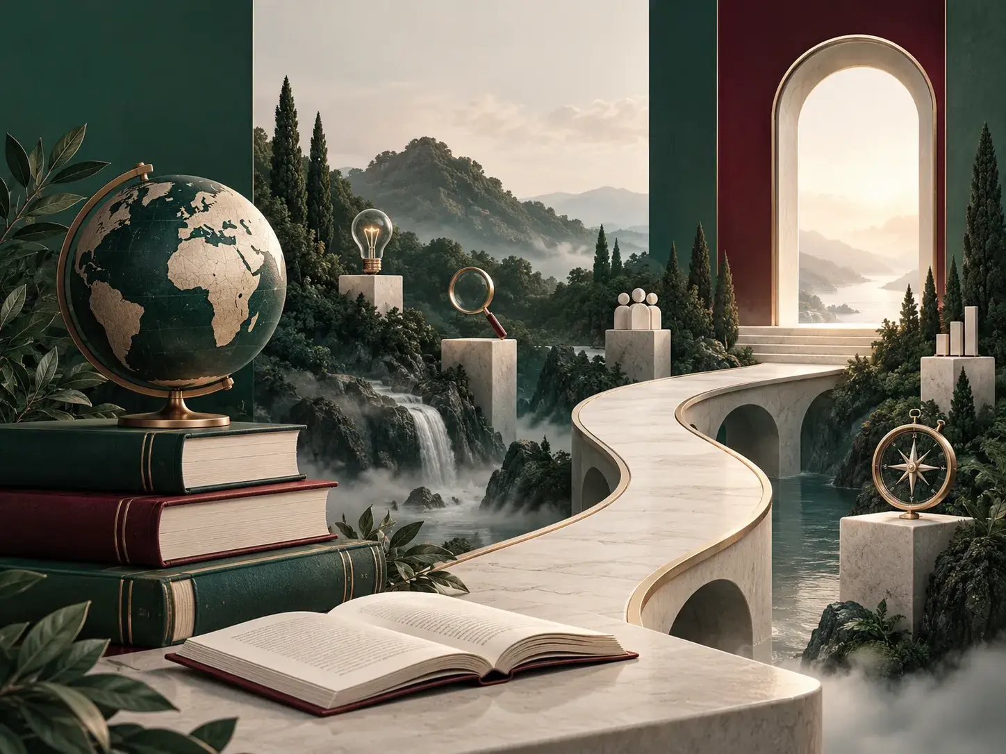 Symbolische illustratie van een kennisreis met boeken, wereldbol en een pad naar nieuwe inzichten