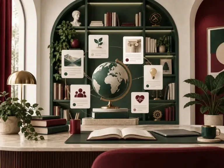 Stijlvolle bibliotheekscène met wereldbol, boeken en kenniskaarten die Hung Info als informatieplatform verbeelden